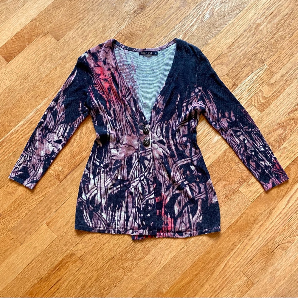 Floral abstract Brown red fitted button cardigan XS petite